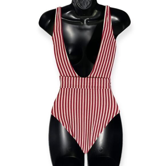 Peony Swimwear Poolside One Piece Swimsuit with Tie Red White - Picture 2 of 14